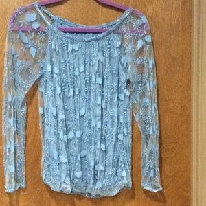 Steel blue sheer sleeve off the shoulder top